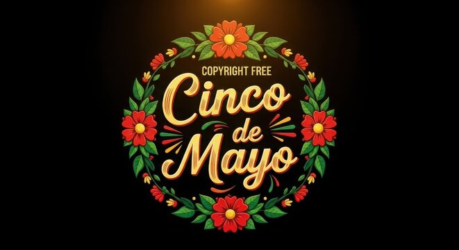 Cinco de Mayo celebration logo with floral wreath and golden text