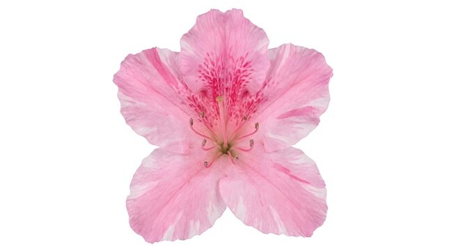 A single pink azalea flower with delicate white streaks and a speckled center isolated against a pure white background