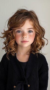 Young girl with wavy, brown hair and freckled cheeks gazes directly at the camera. Her expression is calm and curious, with soft, natural lighting highlighting her features