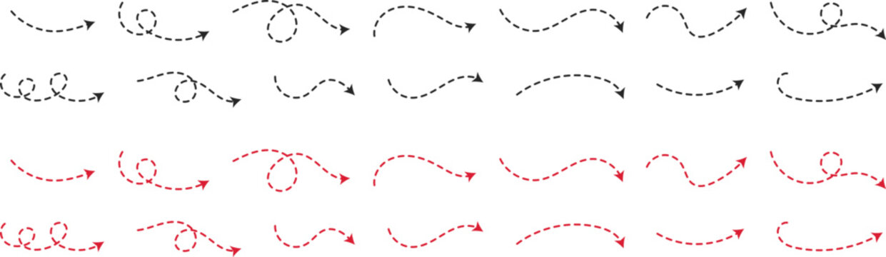  Dashed Curved Arrows. Directional pointer and flow symbols. Stippled line and arch arrow design. Curved dash arrow and movement icon