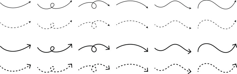  Dashed Curved Arrows. Directional pointer and flow symbols. Stippled line and arch arrow design. Curved dash arrow and movement icon © Sultana Design