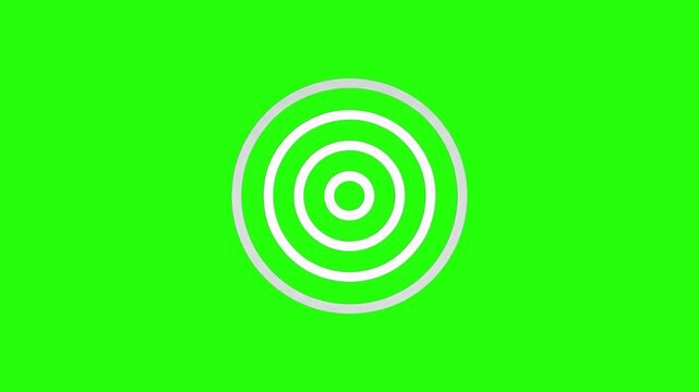 A clean 2D vector animation showcasing white target rings and concentric circular pulses expanding outward against a solid chroma key green screen background. Ideal for sonar navigation interfaces, ra