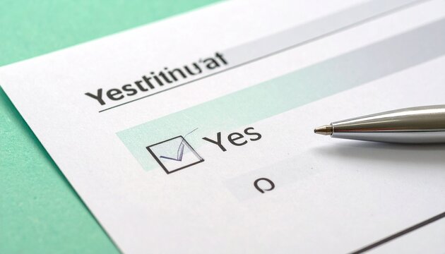 Paper form with misspelled heading, checked &ldquo;Yes&rdquo; box, silver pen nearby, humorous survey design on light green background, symbolizing error, choice, and playful documentation.