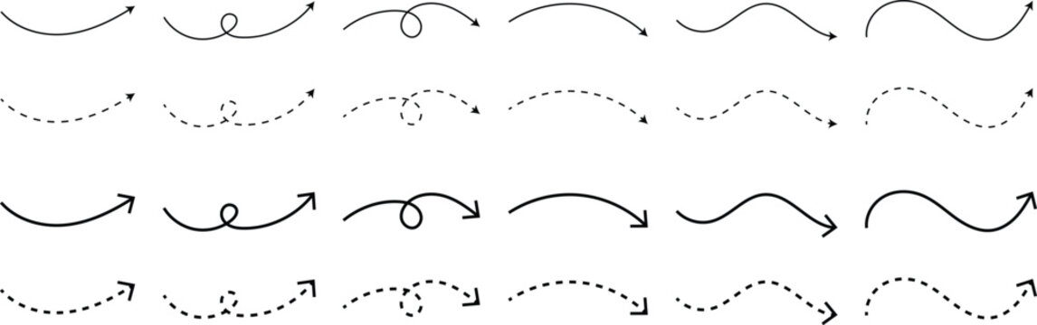  Dashed Curved Arrows. Directional pointer and flow symbols. Stippled line and arch arrow design. Curved dash arrow and movement icon