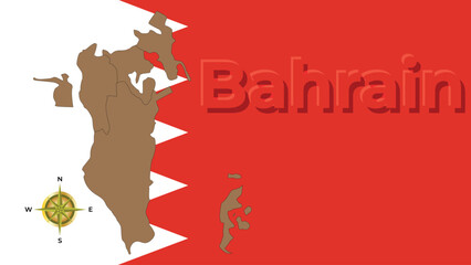 Fototapeta premium Kingdom of Bahrain map on flag background with compass rose and red 3D title.