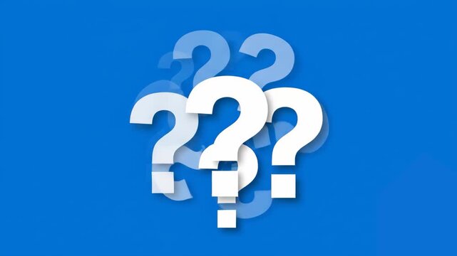 A cluster of white 3D question marks floating and rotating against a solid blue backdrop. This animation symbolizes confusion, problem-solving, FAQ sections, or a brainstorming process.