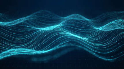 Naklejka premium Abstract digital wave of glowing particles and light trails on dark blue background. Futuristic technology and data flow concept. 3D illustration.