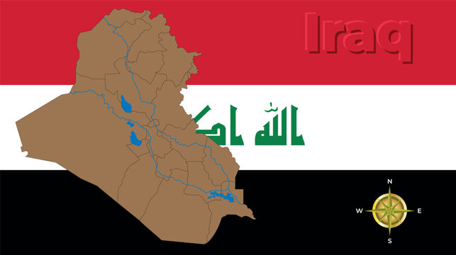 Republic of Iraq map silhouette on national flag background with rivers and compass.