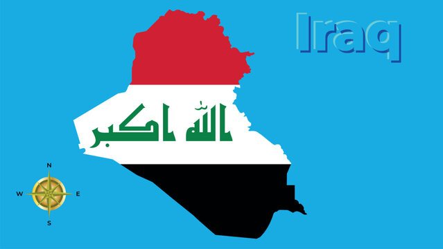 Republic of Iraq flag-map silhouette on light blue background with 3D title and compass.