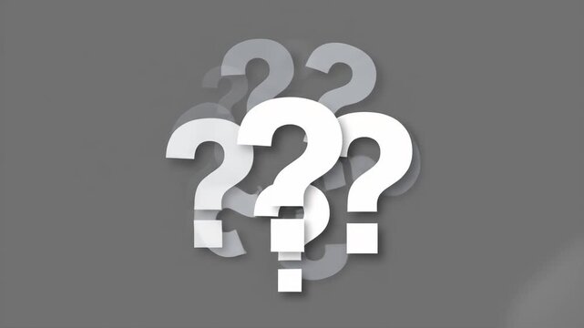 A 2D rendered animation featuring a cluster of white question mark symbols that wobble and shake. This visual depicts confusion, searching for answers, FAQ, and decision-making processes.