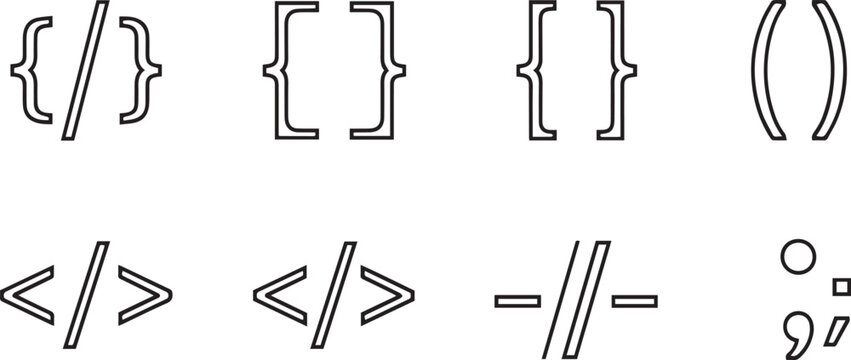 Set of double line coding symbols and programming signs, outline vector of curly braces, brackets, parentheses, HTML tags and semicolon, modern web development elements isolated on white background