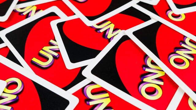 Top view of scattered Uno card game cards on April 20, 2026 in Bogor, Indonesia