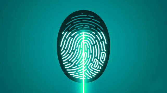 A futuristic 2D vector animation featuring a glowing white fingerprint being actively scanned by a bright cyan laser beam moving vertically against a dark teal backdrop. Perfect for cybersecurity pres