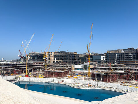 View of construction on Saadiyat Island, Abu Dhabi as seen from Zayed National Museum in the Saadiyat Cultural District