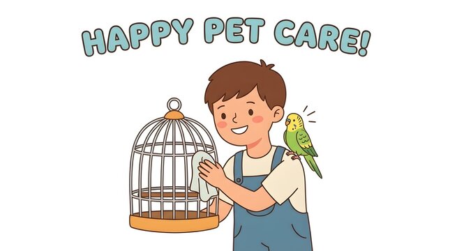 A cheerful young boy cleans a bird cage while a parakeet perches on his shoulder