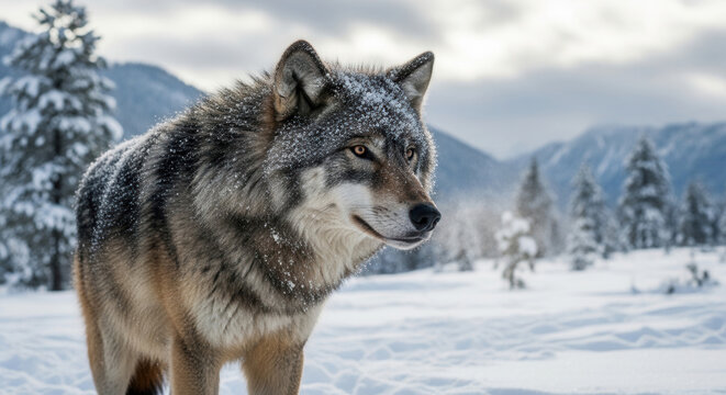 Dire wolf standing in snowy landscape with mountains in background  