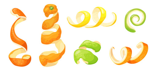 Plakat Citrus zest. Peel twist spiral rind lemon, orange lime grapefruit tangerine slice peeled fruit skin summer cocktail bar ingredient cartoon isolated set neat vector illustration