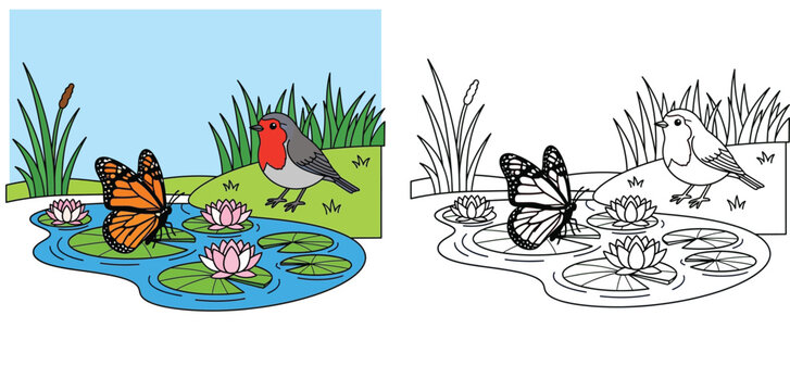Robin Bird and Butterfly at a Pond with Water Lilies Cartoon Illustration and Coloring Page Set for Kids Educational Activity