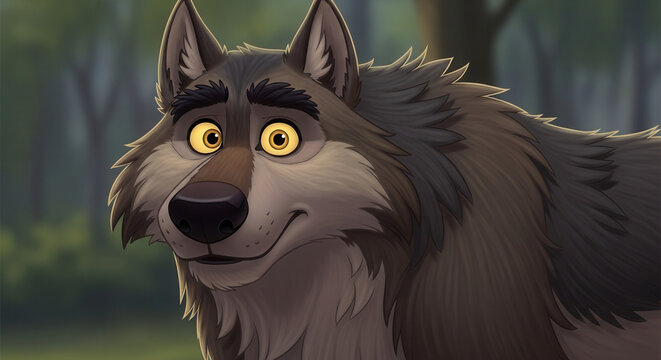Friendly cartoon dire wolf smiling in a forest background  