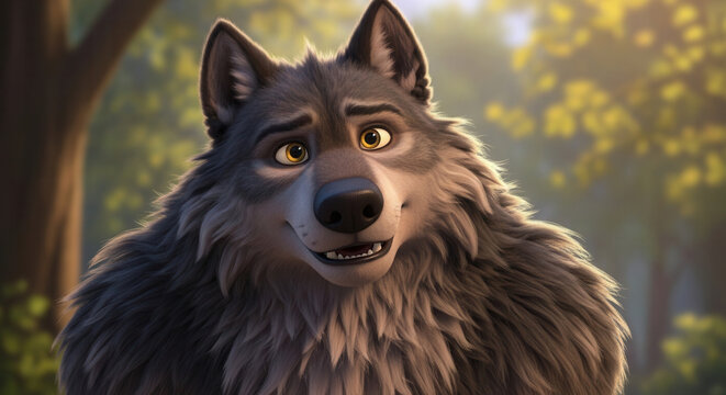 Animated dire wolf with a friendly expression in a forest setting  