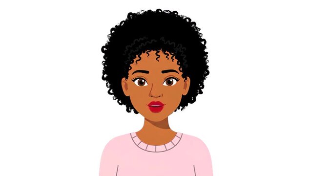 A minimalist 2D vector graphic animation showcasing an animated Black female character talking against an isolated white background. Clean, modern design tailored for clean website animations, app tut