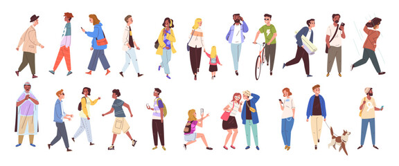 Fototapeta na wymiar Walking people characters. Person characters walk city street, diverse group stroll family couple friend young woman adult man children bike dog cartoon classy vector illustration