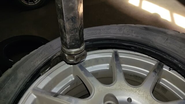 Tire changer mounting head working on car wheel in garage workshop