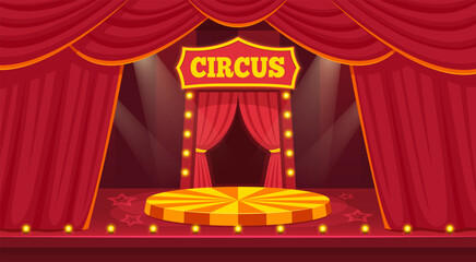 Cartoon circus stage. Carnival arena inside tent, amusement fair scene with red curtain spotlight cartoon background chapiteau show podium platform qualitative vector illustration © ssstocker