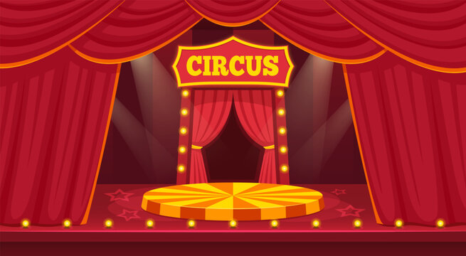 Cartoon circus stage. Carnival arena inside tent, amusement fair scene with red curtain spotlight cartoon background chapiteau show podium platform qualitative vector illustration