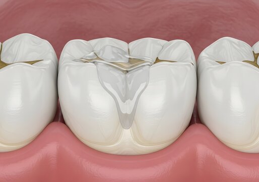 Dental illustration of white teeth with a silver amalgam filling on a pink gum background