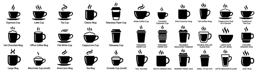 Obraz premium Coffee Cup Icon Set with Espresso Tea Mugs Takeaway Cups and Hot Drink Silhouettes