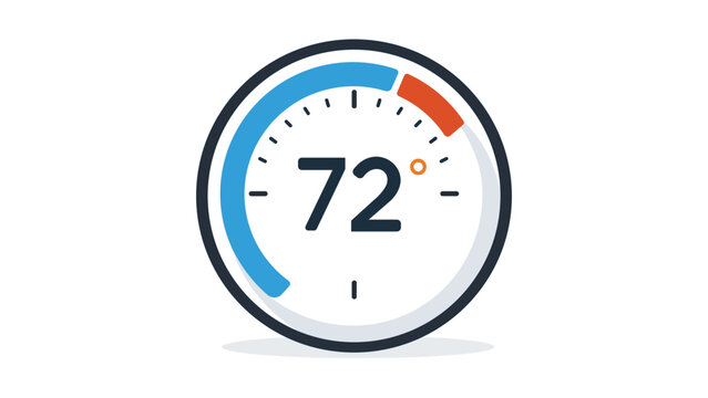 Smart Home Round Wall Thermostat Vector Icon with Editable Stroke. Modern flat illustration of a temperature controller showing 72 degrees with heating and cooling indicators on white background.