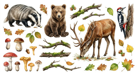 Obraz premium European Woodland Animals and Forest Elements Clipart Set