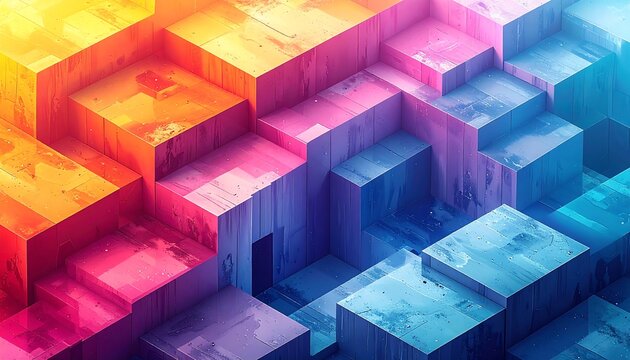 Abstract geometric blocks in vibrant gradient of warm and cool colors