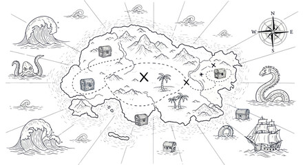 Pirate Treasure Map of a Mysterious Island with Chests, Sea Monsters, and Ship © Danang