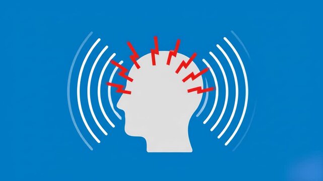 A 2D flat animation of a human head silhouette with red lightning bolts and vibrating waves representing pain or stress. This motion graphic is ideal for medical, mental health, or pharmaceutical cont