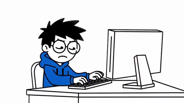 A classic 2D line-art cartoon character with glasses and a blue sweatshirt concentrates on his desktop computer while typing at his workstation. Clean, isolated asset on a white background for tech bl