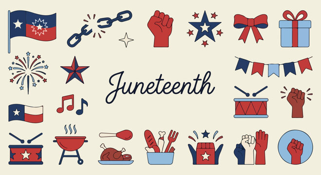Juneteenth vector icon set with African American freedom symbols flag broken chains raised fist and celebration elements flat illustration