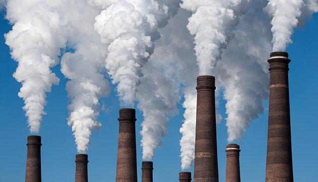 Industrial factory chimneys emitting white smoke against a clear blue sky