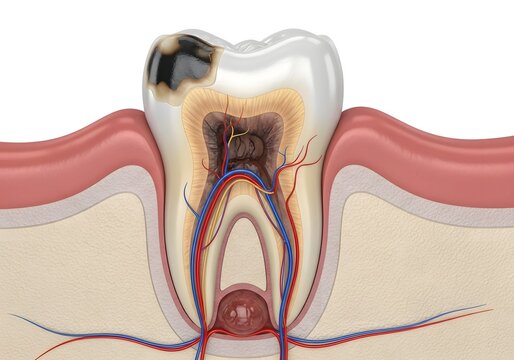 Illustration of a tooth with a visible cavity and root canal system