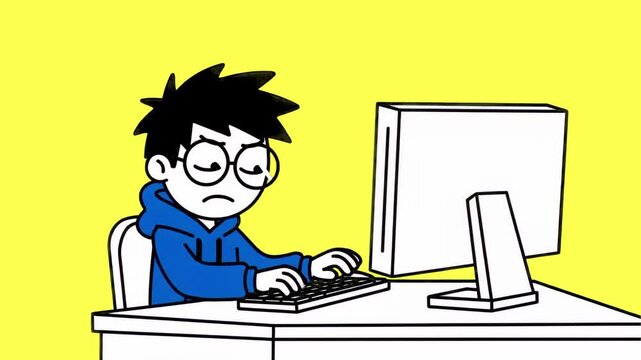 A minimalist 2D cartoon illustration showing a software engineer in a blue hoodie working diligently on his desktop computer setup over a bright yellow backdrop. Highly suitable for web development ag