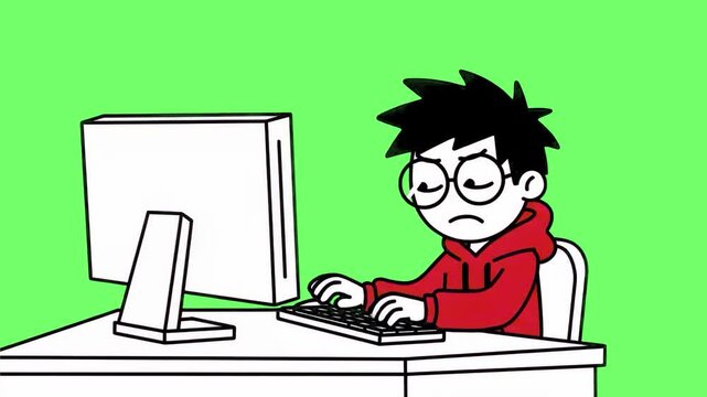 A 2D animated character with glasses and a red hoodie sits at a desk typing on a computer with a focused expression. Perfect for tech tutorials, office work concepts, or remote learning videos using c