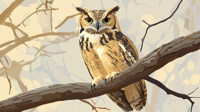 A detailed illustration of an owl perched on a branch, set against a muted, stylized tree background