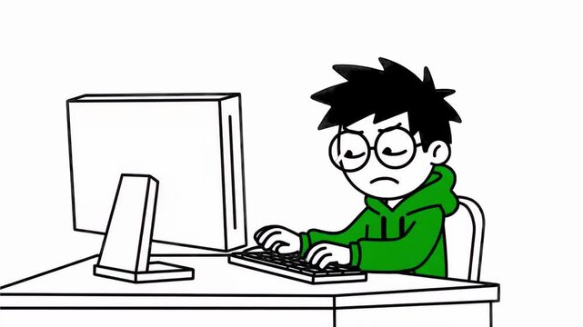 A focused young developer character wearing glasses and a green hoodie sits at a desk typing rapidly on a keyboard between desktop monitors. This flat 2D illustration on a clean white background is pe