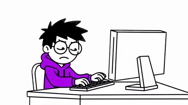 A 2D cartoon illustration of a young man with glasses and a purple hoodie typing intensely on a keyboard in front of a monitor. The background is a clean, minimalist flat white, highlighting the chara