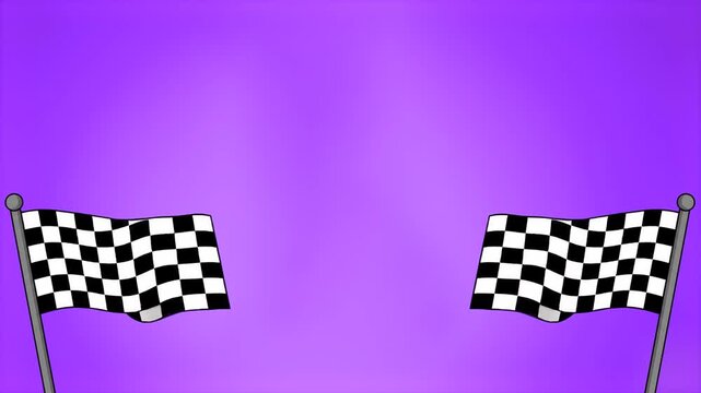 Two classic black and white checkered racing flags positioned on either side of the frame, waving as if at a finish line. The background is a rich, solid violet-purple color, symbolizing achievement, 