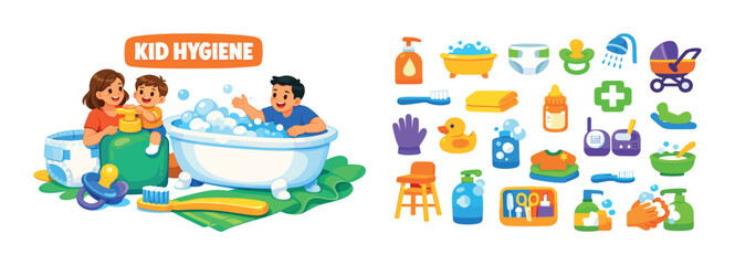 Naklejka premium Engaging Kid Hygiene Practices: Fun Activities to Teach Children About Cleanliness and Self-Care with Essential Bathing and Hygiene Tools