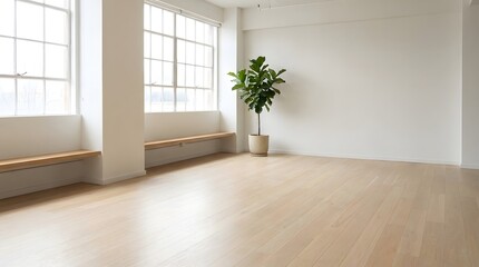 Fototapeta premium Bright empty interior room with large light wood floors benches and a potted plant