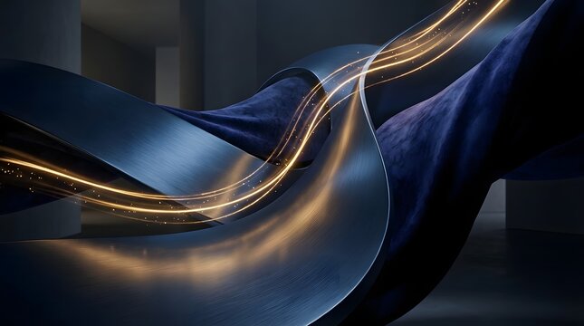 Dynamic abstract composition of flowing dark blue and velvet textures illuminated by bright golden light streaks