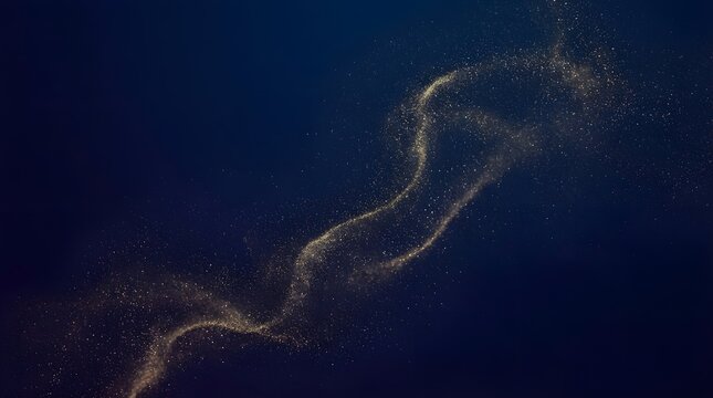 Abstract swirling wave of golden particles against a dark blue background creating a cosmic or ethereal effect